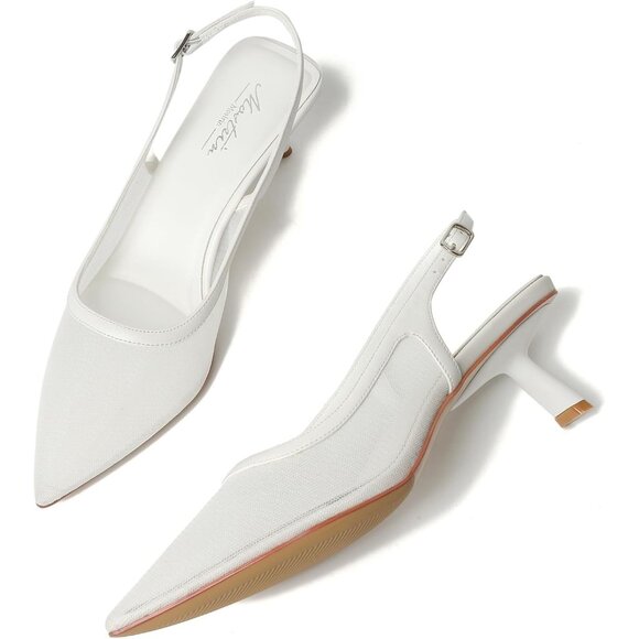 Mostrin Kitten Heel  White Mesh Low Slingback Heels with Buckle Dress Shoes - Picture 3 of 9